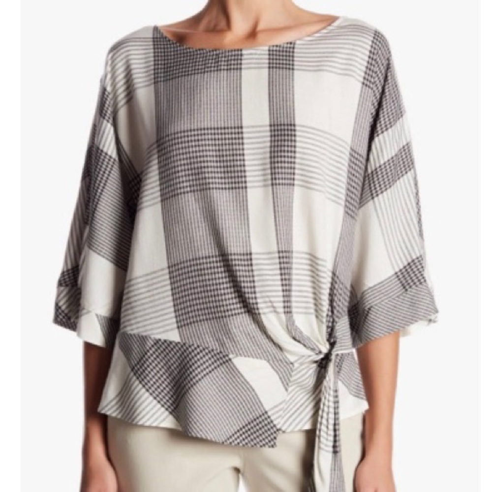 Vince Camuto Oversized Plaid Dolman Sleeve Tie Top